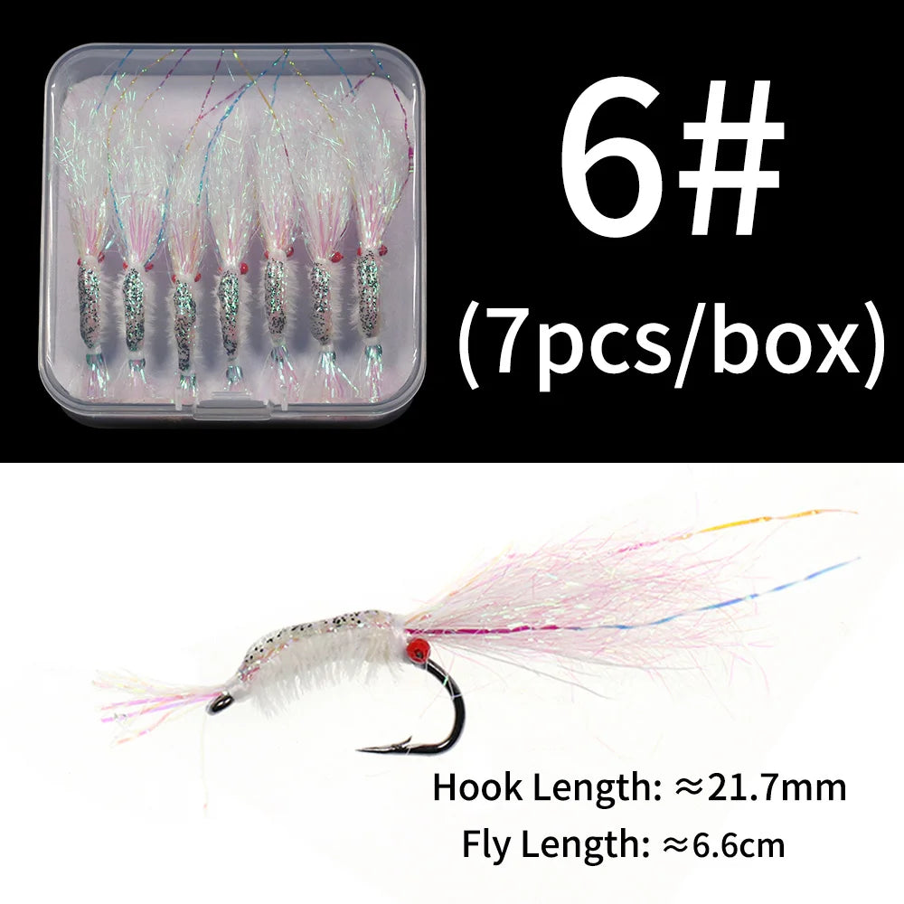 7Pcs/Box #4 #6 #8 Bead Chain Eyes Saltwater Shrimp for Seabass Salmon Redfish Trout Carp Flash Fishing Flies Lures Bait
