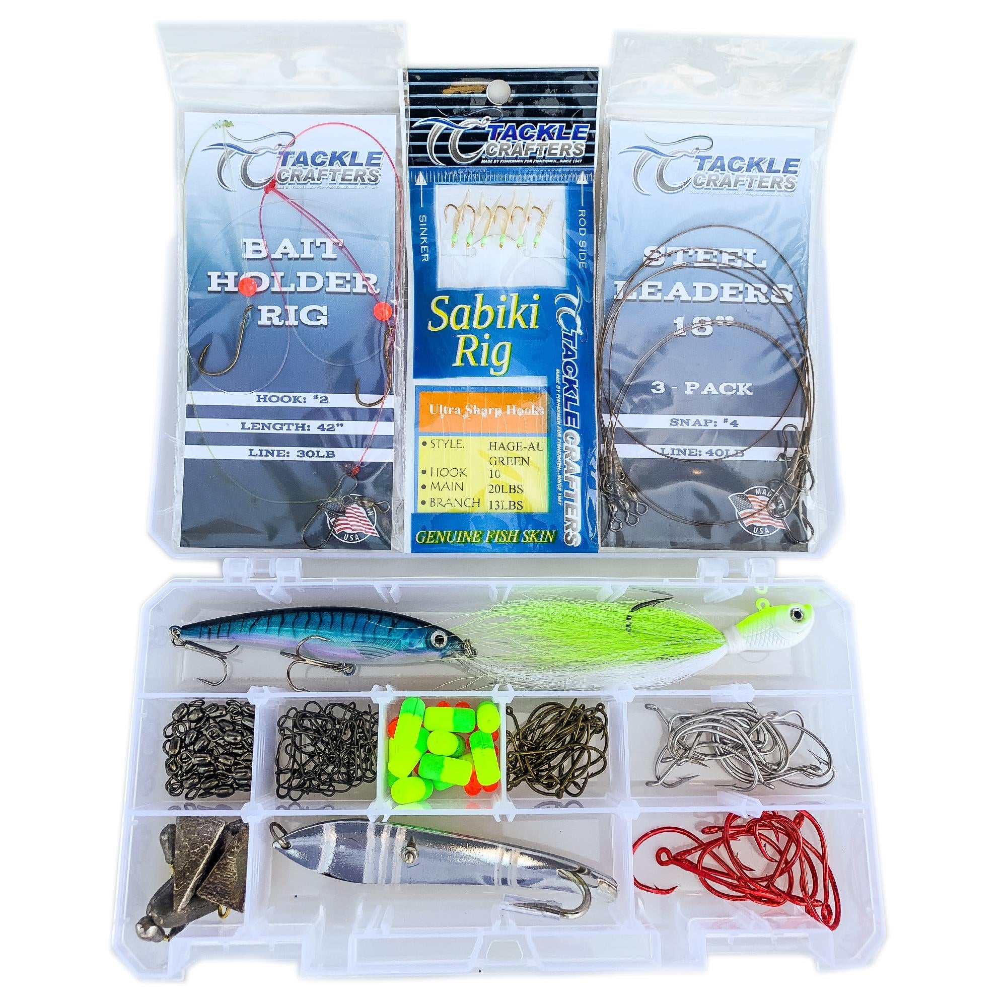 Complete saltwater tackle starter kit with essential hooks