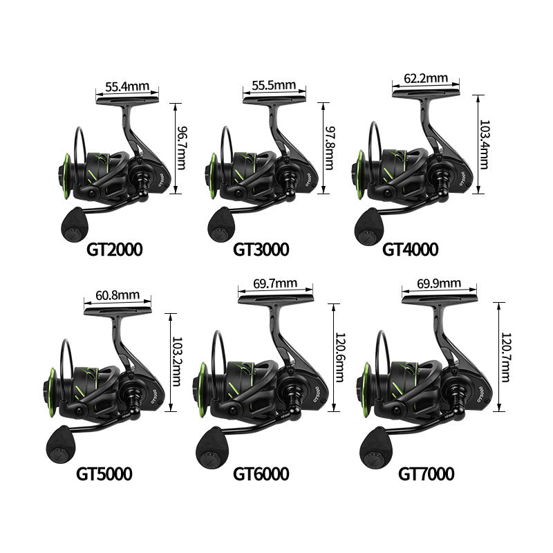 GT Series Long Cast Fishing Reel – Heavy Duty Saltwater Spinning Reel with Interchangeable Handle