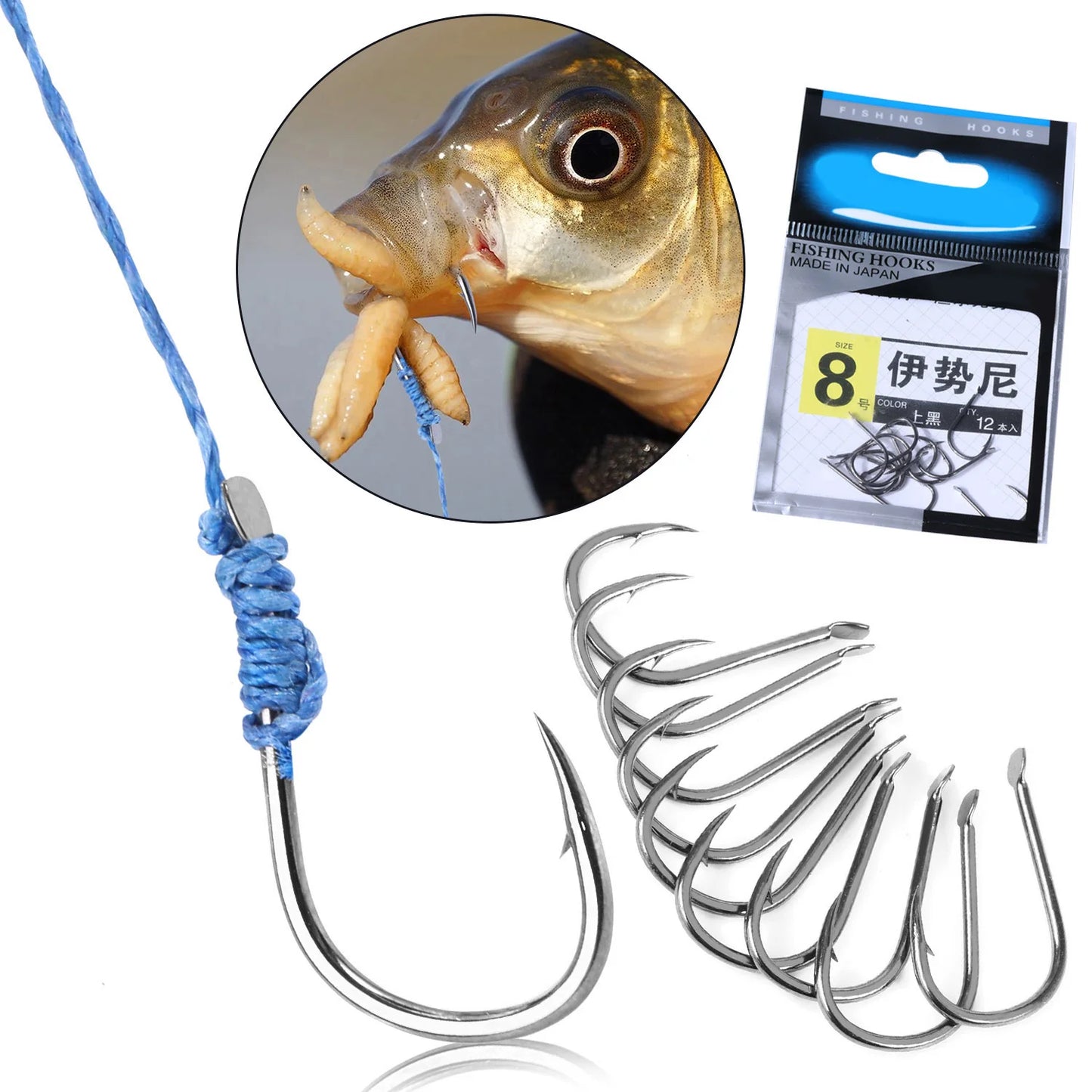 12-Pack High Carbon Steel Fishing Hooks – Sizes 8/9/12
