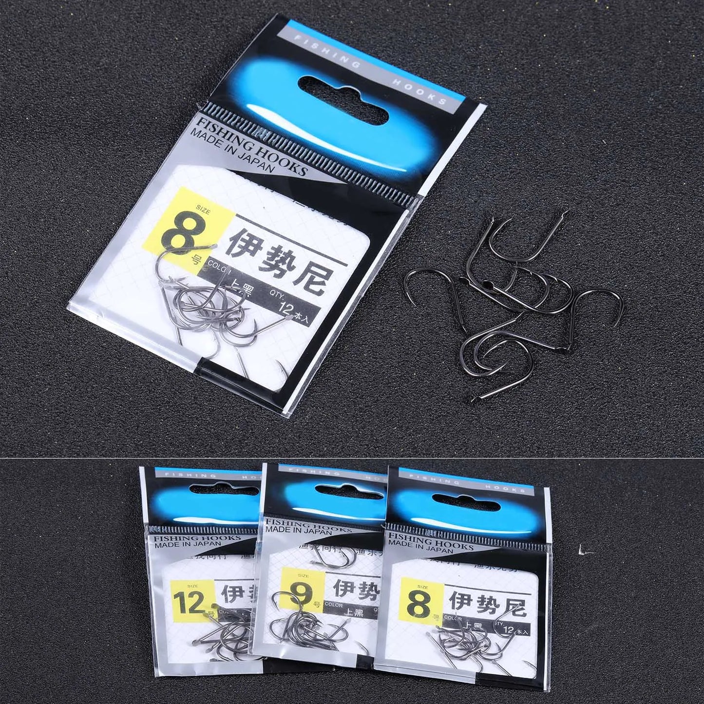 12-Pack High Carbon Steel Fishing Hooks – Sizes 8/9/12
