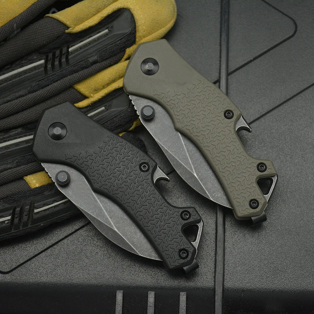 high hardness camping survival knife set featuring two folding knives in black and green.