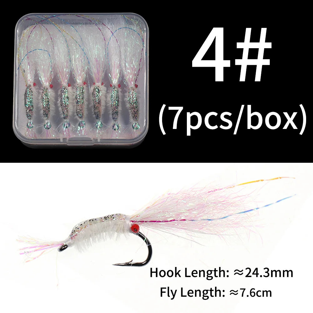 7Pcs/Box #4 #6 #8 Bead Chain Eyes Saltwater Shrimp for Seabass Salmon Redfish Trout Carp Flash Fishing Flies Lures Bait